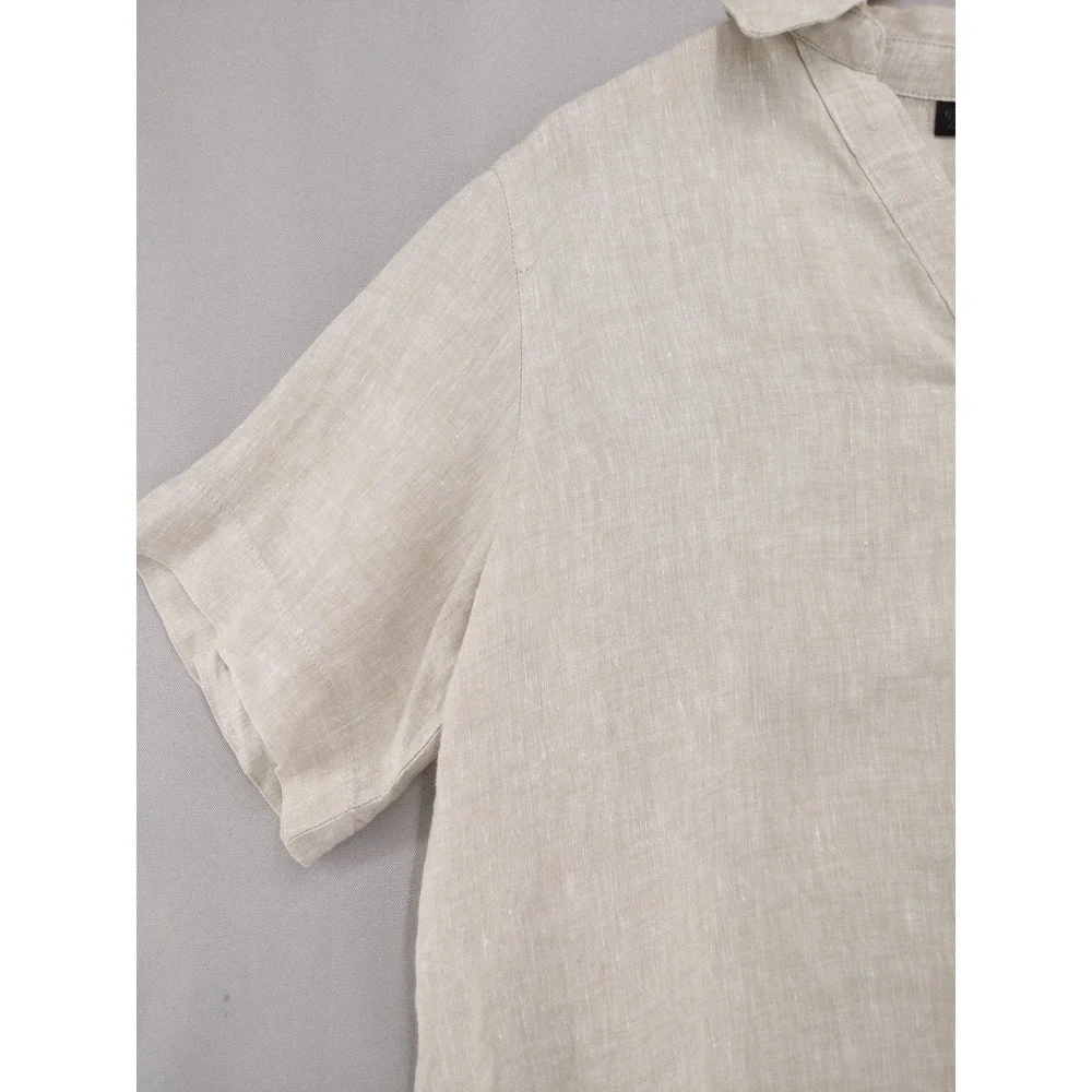 Rafaella Blouse Women Large Petite Beige 100% Linen V-Neck Short Sleeve Pocket